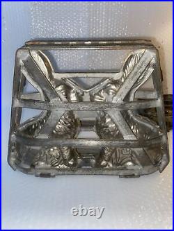 2 Vintage Double Easter Rabbit Solid Chocolate Strap Candy Mold Metal Read