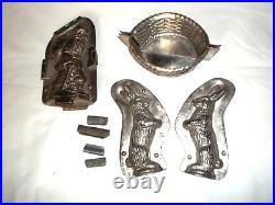 2 antique Anton Reiche Chocolate Molds Hinged clips Father Christmas Bunny baske