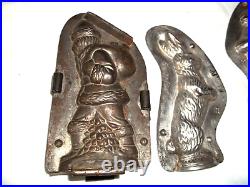 2 antique Anton Reiche Chocolate Molds Hinged clips Father Christmas Bunny baske