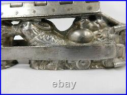242/123 ANTIQUE CHOCOLATE/CANDY MOLD 2 HINGED CLASP 2 RABBITS With CART RABB