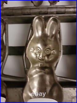 3 Rabbit Antique Chocolate Easter Bunny Mold Metal Hinged Sugarcraft