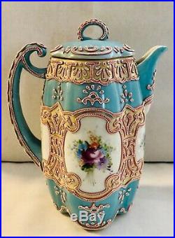 ANTIQUE 1890sNIPPONCHOCOLATE POT, MORIAGEPILLOWEDMOLD SHAPEBLUE/TURQUOISE