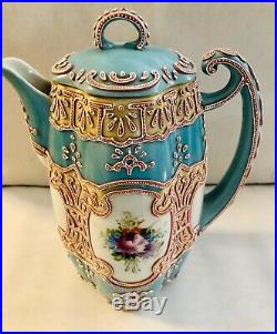 ANTIQUE 1890sNIPPONCHOCOLATE POT, MORIAGEPILLOWEDMOLD SHAPEBLUE/TURQUOISE