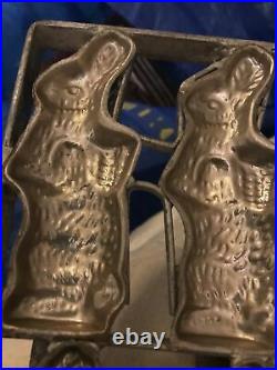 ANTIQUE Hinged EASTER BUNNY 8 RABBIT CHOCOLATE CANDY MOLD GERMAN OLD VINTAGE