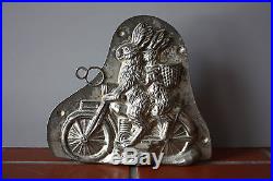 ANTIQUE METAL CHOCOLATE MOLD RABBIT FAMILY RIDING MOTORCYCLE with SIDECAR