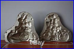 ANTIQUE METAL CHOCOLATE MOLD RABBIT FAMILY RIDING MOTORCYCLE with SIDECAR