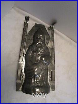 ANTIQUE SANTA CLAUS Tin Metal CANDY CHOCOLATE MOLD original clips Germany 9.75t