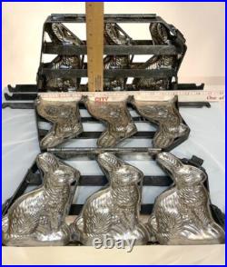 ANTIQUE VINTAGE HINGED 3 BUNNY RABBITS EASTER CHOCOLATE MOLD METAL 6 3/4 Tall