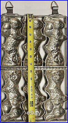 Antique 3 Chocolate Easter Bunny Molds 7x3 Heavy Hinged Metal Vintage Rabbits