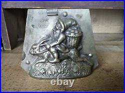 Antique CHOCOLATE MOLD Gnome Riding Easter Bunny Rabbit with Egg Basket Unusual
