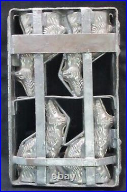 Antique Chocolate Mold 4 Bunny Rabbits in Hinged FrameHeavy IRON TINORIGINAL