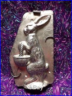 Antique Chocolate Mold Bunny withBasket & Cane Rare Laurosh