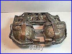 Antique Chocolate Mold Metal, Double, Bunny Pulling Egg Cart Clamp & Hinge