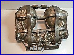 Antique Chocolate Mold Metal, Double, Bunny Pulling Egg Cart Clamp & Hinge