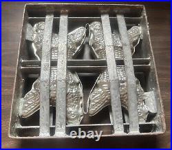 Antique European Chocolate MOLD 4 Easter HENS Hinged Frame IRON TIN Vintage