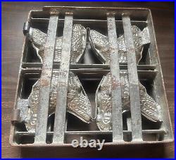 Antique European Chocolate MOLD 4 Easter HENS Hinged Frame IRON TIN Vintage