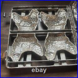 Antique European Chocolate MOLD 4 Easter HENS Hinged Frame IRON TIN Vintage