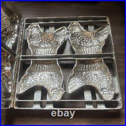 Antique European Chocolate MOLD 4 Easter HENS Hinged Frame IRON TIN Vintage