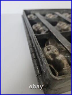 Antique Industrial Hinged Steel Chocolate Mold 12 Bunny Rabbits 11 in X 11 in