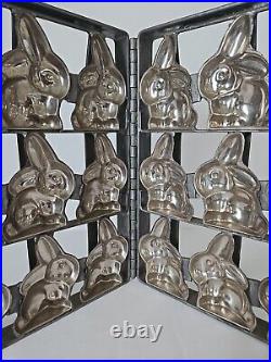 Antique Industrial Hinged Steel Chocolate Mold 12 Bunny Rabbits 11 in X 11 in