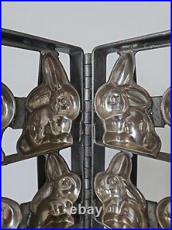 Antique Industrial Hinged Steel Chocolate Mold 12 Bunny Rabbits 11 in X 11 in