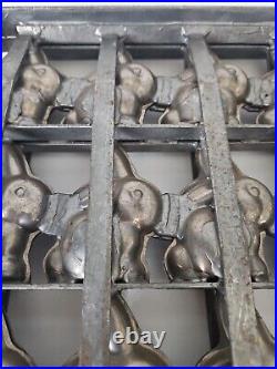 Antique Industrial Hinged Steel Chocolate Mold 12 Bunny Rabbits 11 in X 11 in