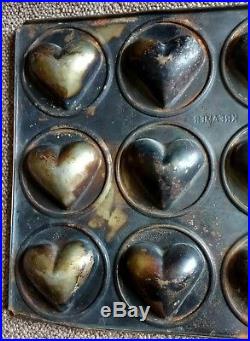 Antique Kreamer Tin 12 Puffy Folk Heart Chocolate Tart Muffin Food Mold Mould