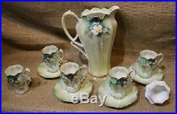 Antique Marked RS Prussia Chocolate Pot withLid & 5 Cups, 4 Saucers-Mold 501