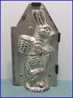 Antique Metal Chocolate Candy mold Easter Bunny Rabbit with Basket of Eggs