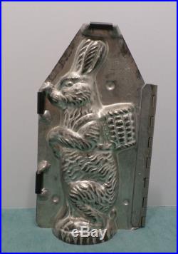 Antique Metal Chocolate Candy mold Easter Bunny Rabbit with Basket of Eggs