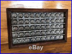 Antique Primitive Cast Metal Chocolate Candy Mold 50 Shell Shapes Walnut Frame