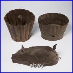 Antique Primitive Metal Kitchen Corn Pig Chocolate Cake Pudding Mold 3pc Lot