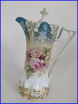 Antique R S Prussia Chocolate Pot Mold 517 Pink Roses Blue & Gold