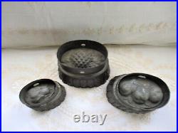 Antique RARE! Thistle, 3 Fruit & Pear Pudding Mold Tin Jelly Cake Food Set of 3