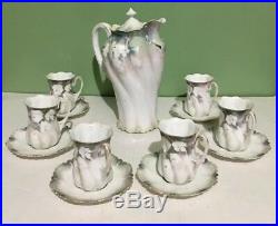 Antique RS Prussia Chocolate Set Swirl Mold Pot Six Cups Suacera Floral Gold