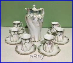 Antique RS Prussia Chocolate Set Swirl Mold Pot Six Cups Suacera Floral Gold