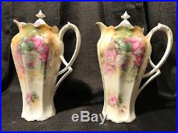 Antique RS Prussia Pair of Chocolate Pots Mold 501 Green, Gold, Lavender Roses