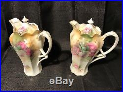 Antique RS Prussia Pair of Chocolate Pots Mold 501 Green, Gold, Lavender Roses