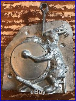 Antique Tinned French Chocolate Easter Bunny Mold / Rabbit Playing Drum / Letang