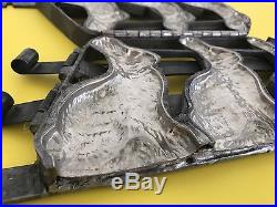 Antique Triple Easter Rabbit Chocolate Candy Mold Row 3 BUNNY's Pewter TIN 5 +