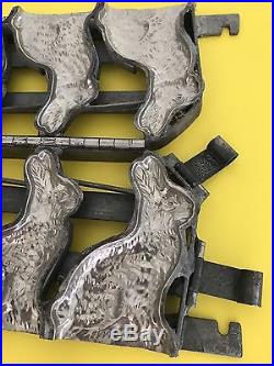 Antique Triple Easter Rabbit Chocolate Candy Mold Row 3 BUNNY's Pewter TIN 5 +