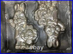 Antique Vintage Easter Bunny Rabbit Chocolate Metal Mold PAPA & BABY WAVING RARE