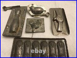 Antique metal chocolate molds Chic, Watch, Bowling Pin, Rooster by Various Maker