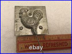Antique metal chocolate molds Chic, Watch, Bowling Pin, Rooster by Various Maker