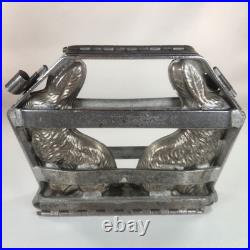 Chocolate Mold 2 Easter Bunny Rabbits Antique Metal 9 x 7 withClasps Heavy Duty