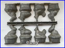 Chocolate Mold Easter Bunny Rabbit Chick Hen on Basket Heavy Cast Metal Vtg Ant