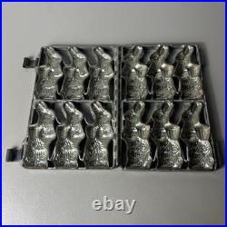 Lot 2 Antique Chicken Rabbit Easter Bunny Hinged Steel Tin Chocolate Candy Mold