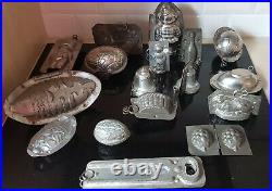 Lot of 17 double Tin Pewter Chocolate Moulds Molds Mold Antique Vintage
