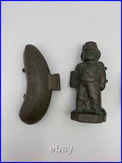 Lot of 4 Antique Metal Chocolate Molds Soldier, Corn, Cannon, Submarine