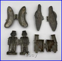 Lot of 4 Antique Metal Chocolate Molds Soldier, Corn, Cannon, Submarine